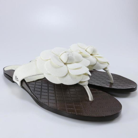 Fabric White Classic Camelia Flower Logo Thong Sandals Flip Flops B722 - Picture 1 of 12